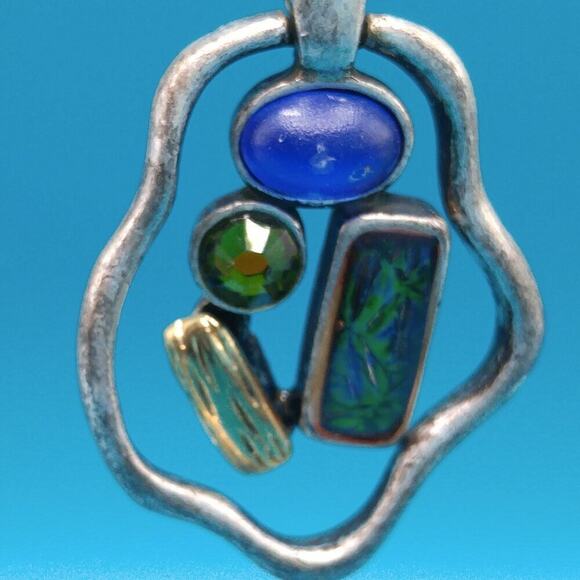 Chico's Silver Tone Drop Earrings, Blue and Green Stones, Hook Ear Wire - Picture 3 of 9